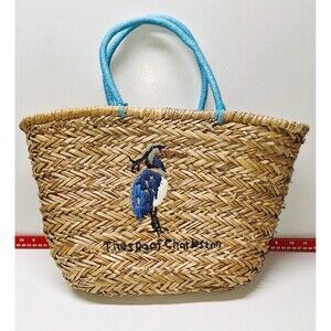 Boho Rattan Straw Woven Tote Bag Blue Heron The Spa of Charleston Beach Life EUC